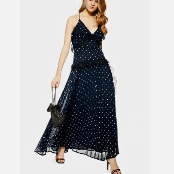 Topshop | Dresses | Topshop Navy Blue Lace Metallic Thread Pleat Maxi Dress  Size 6